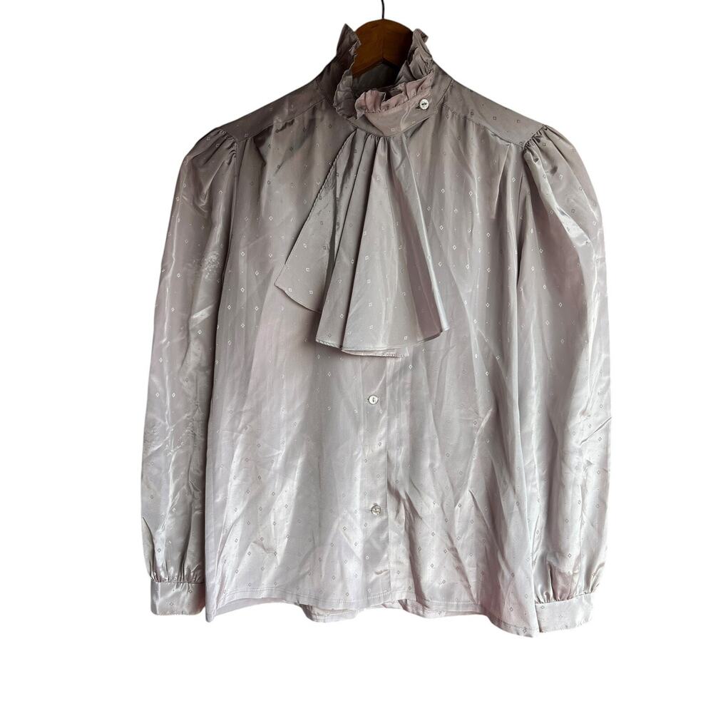Vintage Gray Ruffled Mock Neck Diamonds Romantic Long Sleeve Satin Blouse Sz M - Picture 2 of 8